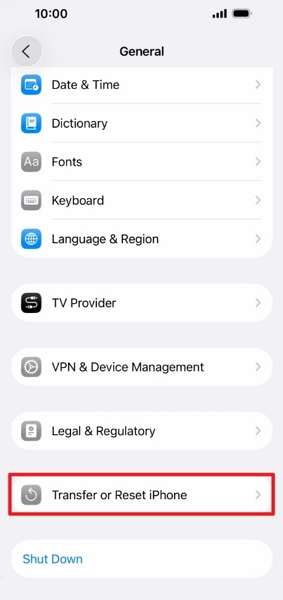 transfer reset iphone settings option