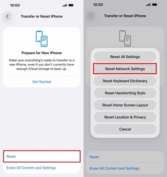 reset network settings fix esim