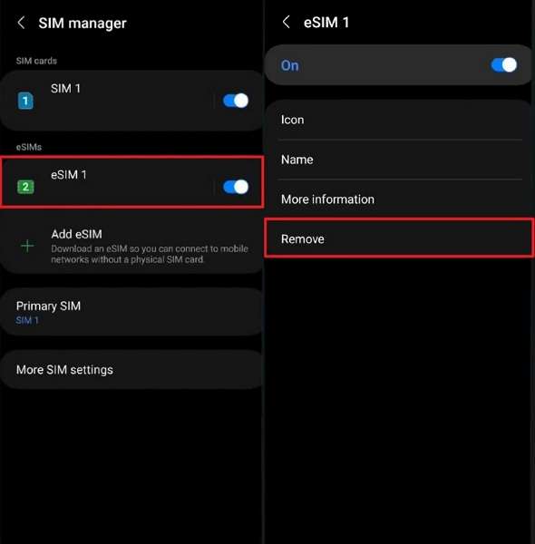 tap esim remove option