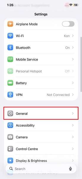 access ios general option settings