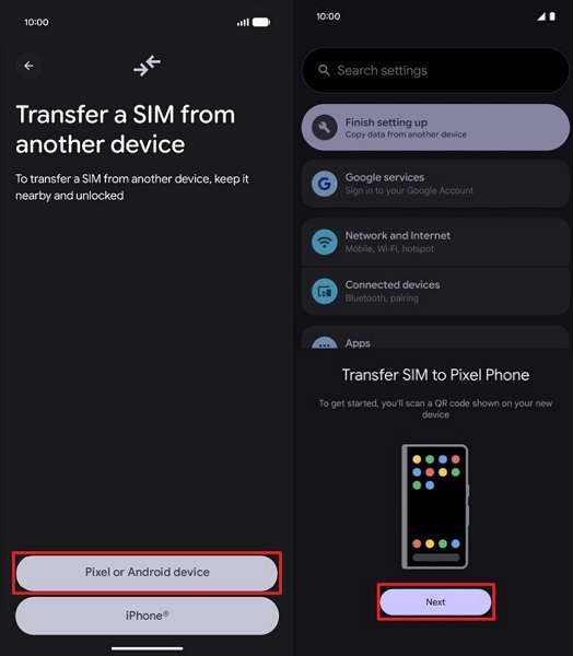 select android esim transfer