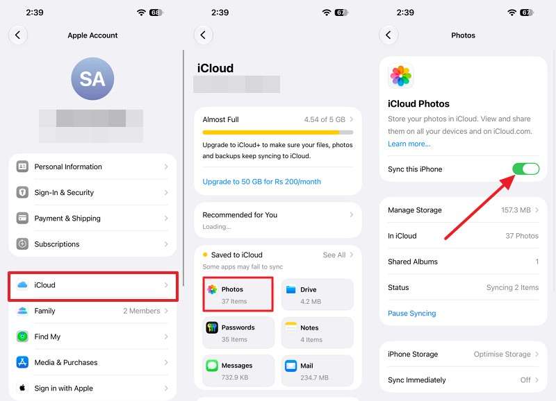 toggle on sync this iphone