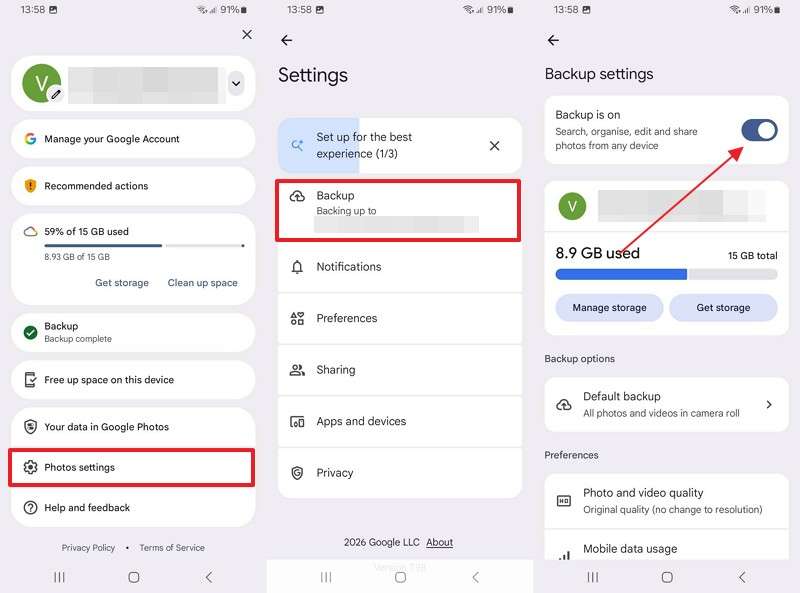 enable photos backup option