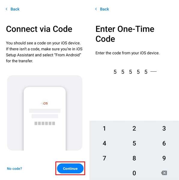 enter code move to ios app android
