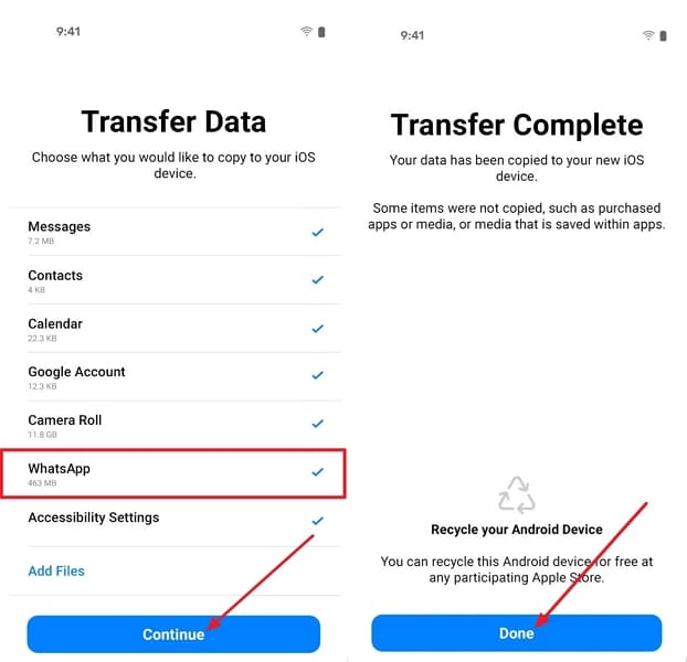 choose whatsapp app transfer from android
