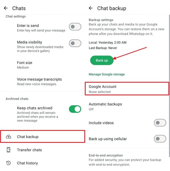new backup android whatsapp data