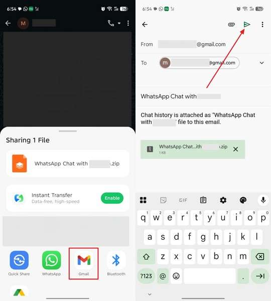 send whatsapp chat on gmail