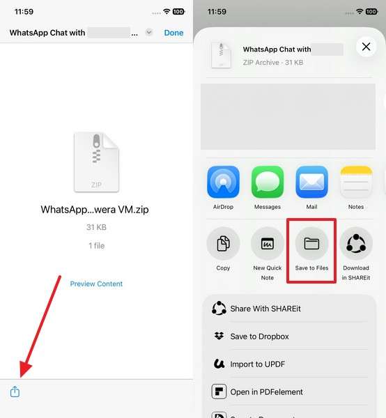 save exported whatsapp chat on iphone