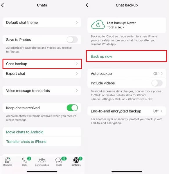 choose back up now iphone whatsapp