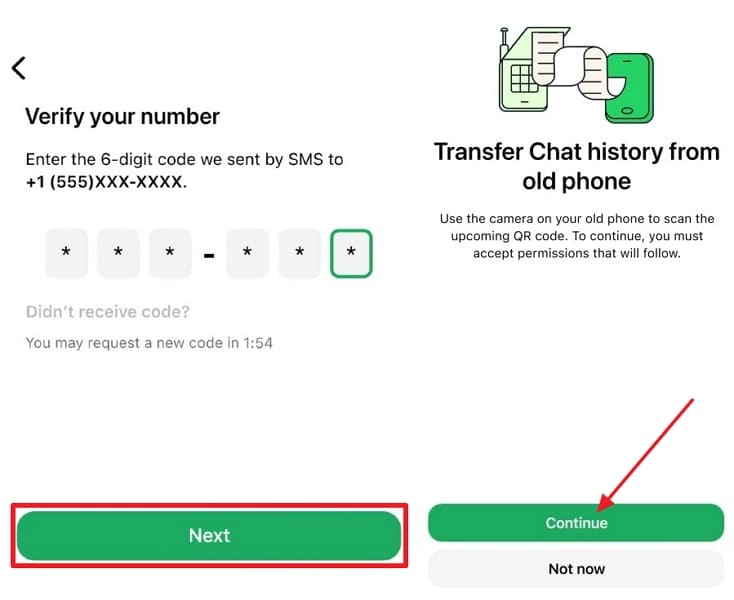 confirm chat transfer from old phone