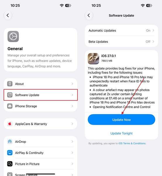 select update now option