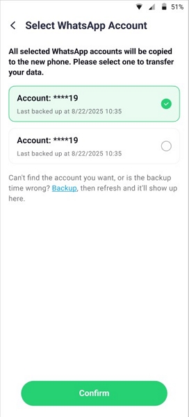 select whatsapp account to transfer