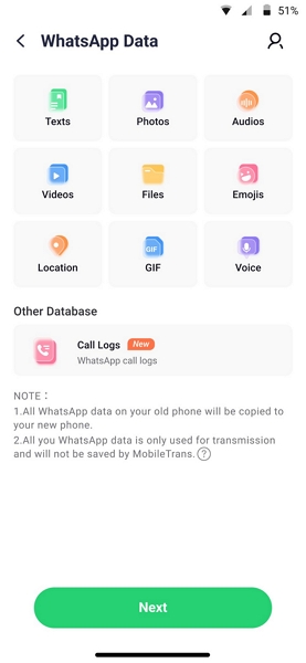 choose whatsapp data types to transfer