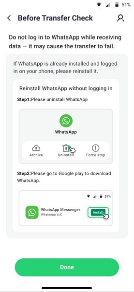 prepare whatsapp on the receiving android device