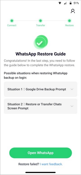 open whatsapp and finish restore setup