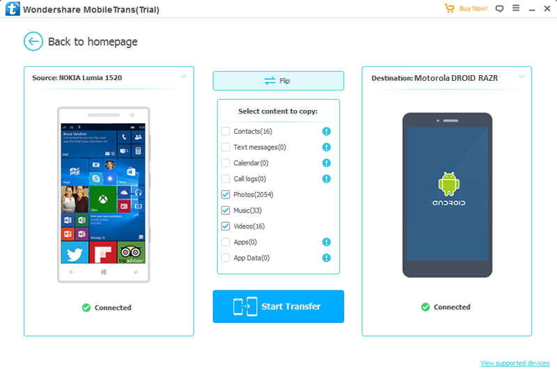 Nokia a Motorola-conecta los dispositivos para transferir contactos del Nokia al Motorola